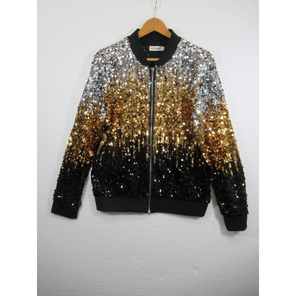 Anna Kaci Sequin Bomber Jacket Women XL Black/Gold/Silver